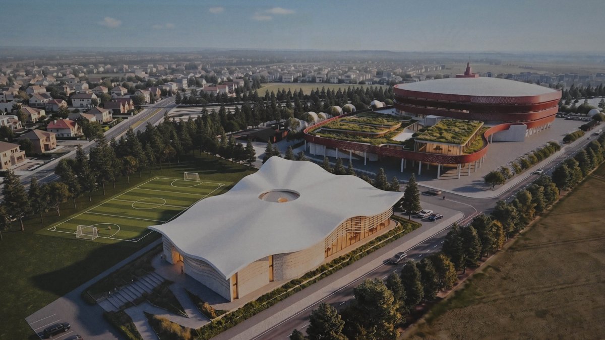 A digital rendering shows the planned Fatih Terim Sports Museum and multi-purpose complex in Sarıçam, Adana, Türkiye, May 14, 2026. (AA Photo)