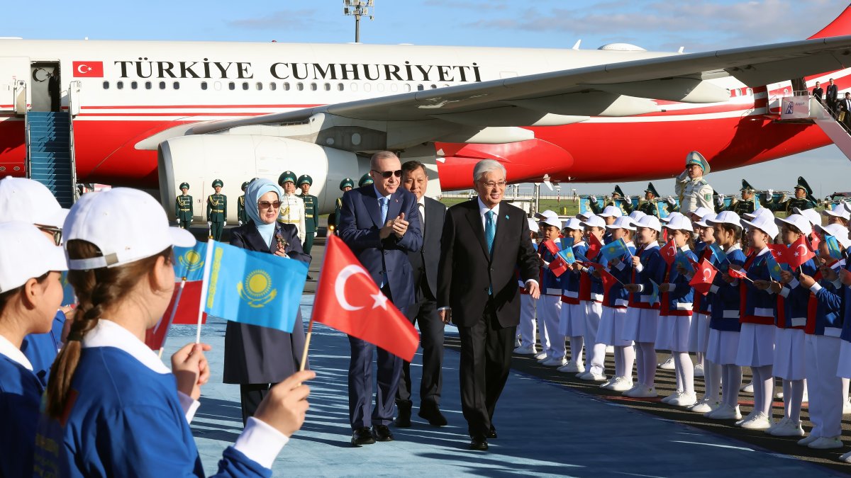 President Recep Tayyip Erdoğan is welcomed by Kazakh President Kassym-Jomart Tokayev upon his arrival for the informal summit of the Organization of Turkic States, at the Astana Airport, Astana, Kazakhstan, May 13, 2026. (IHA Photo)