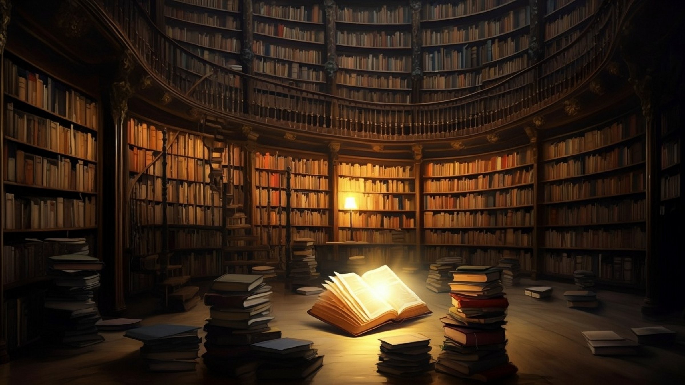A large library filled with books, with a single book glowing and casting light among the shelves. (Shutterstock Photo)
