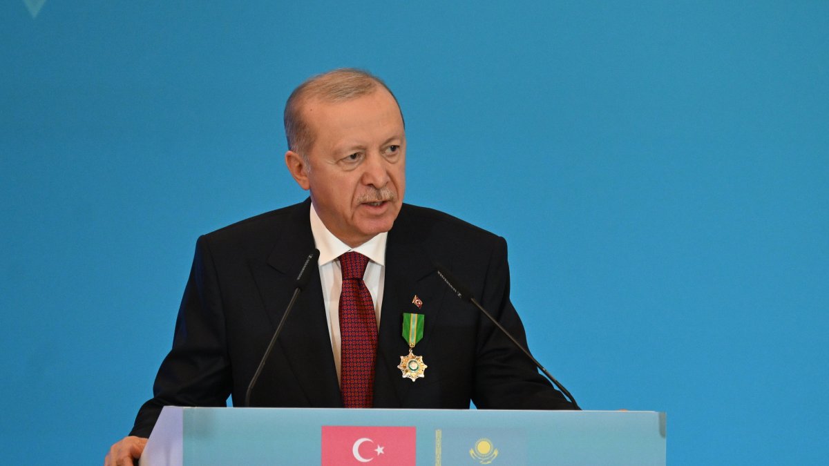 President Recep Tayyip Erdoğan and Kazakh President Kassym-Jomart Tokayev (not pictured) hold a joint press conference following the closing session of the Türkiye-Kazakhstan Business Forum, Astana, Kazakhstan, May 14, 2026. (AA Photo)