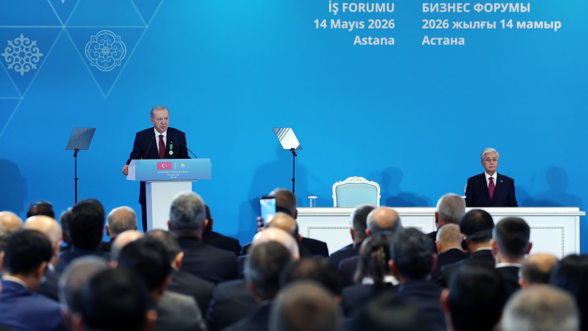 President Recep Tayyip Erdoğan speaks during the Türkiye-Kazakhstan Business Forum, Astana, Kazakhstan, May 14, 2026. (AA Photo)