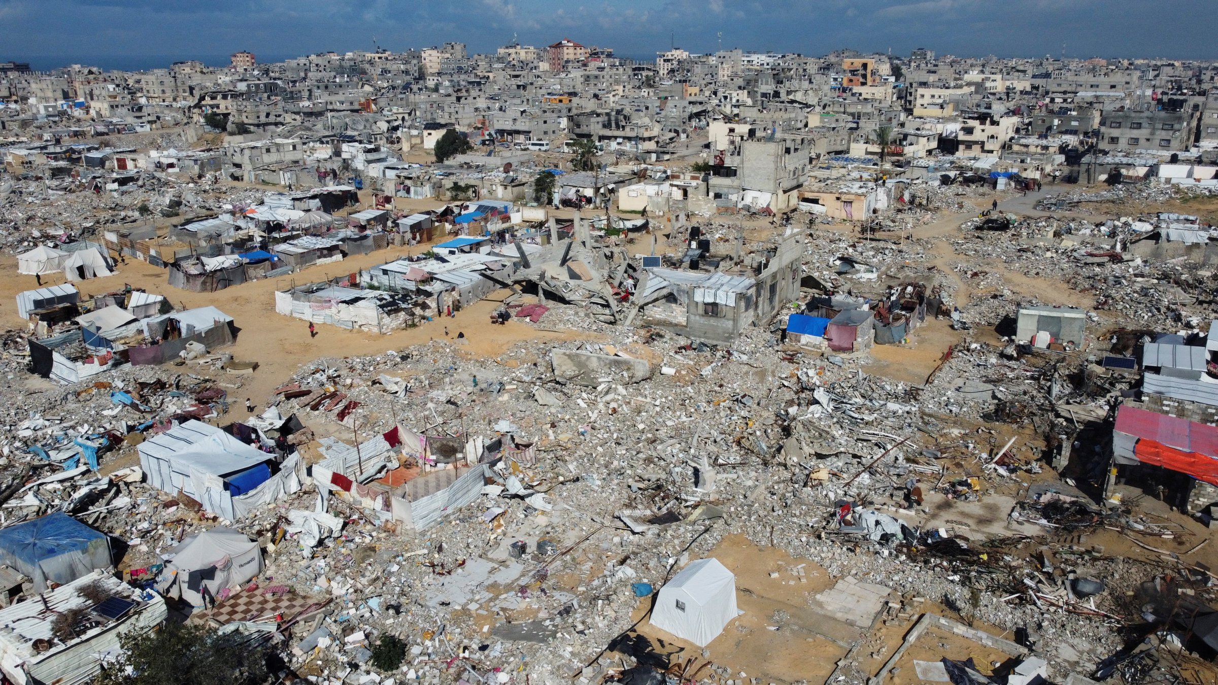 A drone view shows damaged and destroyed buildings, destroyed in the Israeli attacks, in Khan Younis in the southern Gaza Strip, Jan. 24, 2025. (Reuters File Photo)