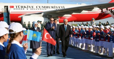 President Recep Tayyip Erdoğan is welcomed by Kazakh President Kassym-Jomart Tokayev upon his arrival for the informal summit of the Organization of Turkic States, at the Astana Airport, Astana, Kazakhstan, May 13, 2026. (IHA Photo)