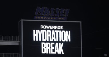 A Powerade Hydration break is displayed on the screen during the FIFA Club World Cup 2025 Group D match between Los Angeles Football Club and CR Flamengo at Camping World Stadium, Orlando, U.S., June 24, 2025. (Getty Images Photo)