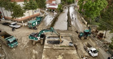 Clean-up operations continue following flooding caused by heavy rainfall in the Havza district, Samsun, Türkiye, May 13, 2026. (AA Photo)