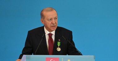 President Recep Tayyip Erdoğan and Kazakh President Kassym-Jomart Tokayev (not pictured) hold a joint press conference following the closing session of the Türkiye-Kazakhstan Business Forum, Astana, Kazakhstan, May 14, 2026. (AA Photo)