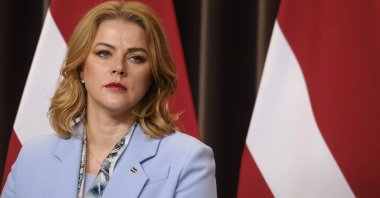 Latvian Prime Minister Evika Silina attends a press conference after a meeting in Tallinn, Estonia, April 17, 2026. (EPA Photo)