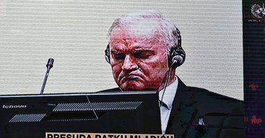 Former Bosnian Serb military chief Ratko Mladic appears on the screen of a live television broadcast from The Hague in the Netherlands, June 8, 2021. (AFP File Photo)