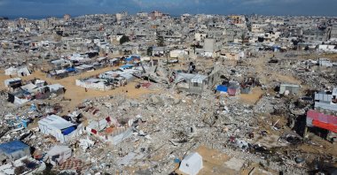 A drone view shows damaged and destroyed buildings, destroyed in the Israeli attacks, in Khan Younis in the southern Gaza Strip, Jan. 24, 2025. (Reuters File Photo)