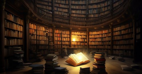 A large library filled with books, with a single book glowing and casting light among the shelves. (Shutterstock Photo)