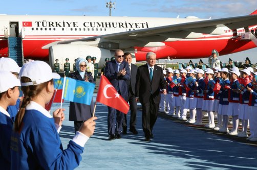 President Recep Tayyip Erdoğan is welcomed by Kazakh President Kassym-Jomart Tokayev upon his arrival for the informal summit of the Organization of Turkic States, at the Astana Airport, Astana, Kazakhstan, May 13, 2026. (IHA Photo)