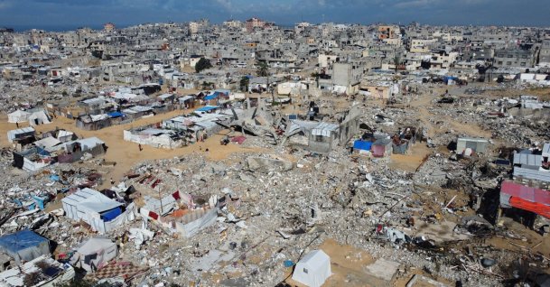 A drone view shows damaged and destroyed buildings, destroyed in the Israeli attacks, in Khan Younis in the southern Gaza Strip, Jan. 24, 2025. (Reuters File Photo)
