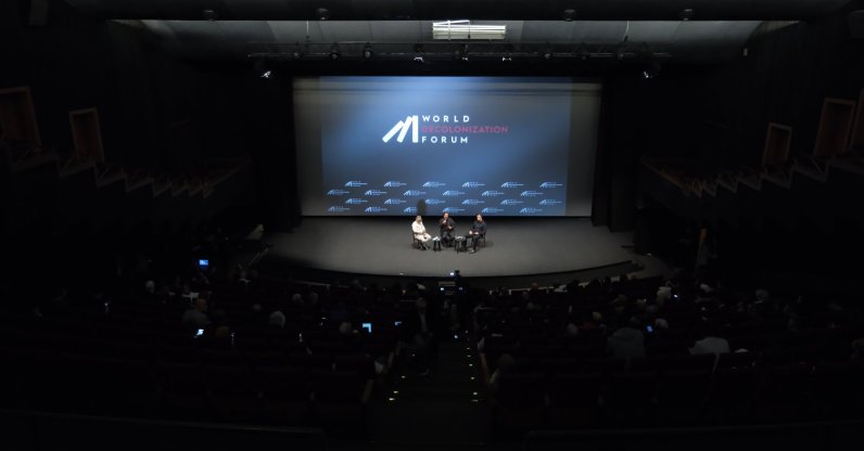 Faysal Soysal (L), Iranian filmmaker Majid Majidi (C) and producer Mehmet Bozdağ speak on the stage at Decolonize Film Days as part of the World Decolonization Forum, Istanbul, Türkiye, May 13, 2026. (Photo courtesy of Institute Social)