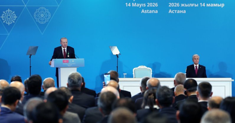 President Recep Tayyip Erdoğan speaks during the Türkiye-Kazakhstan Business Forum, Astana, Kazakhstan, May 14, 2026. (AA Photo)