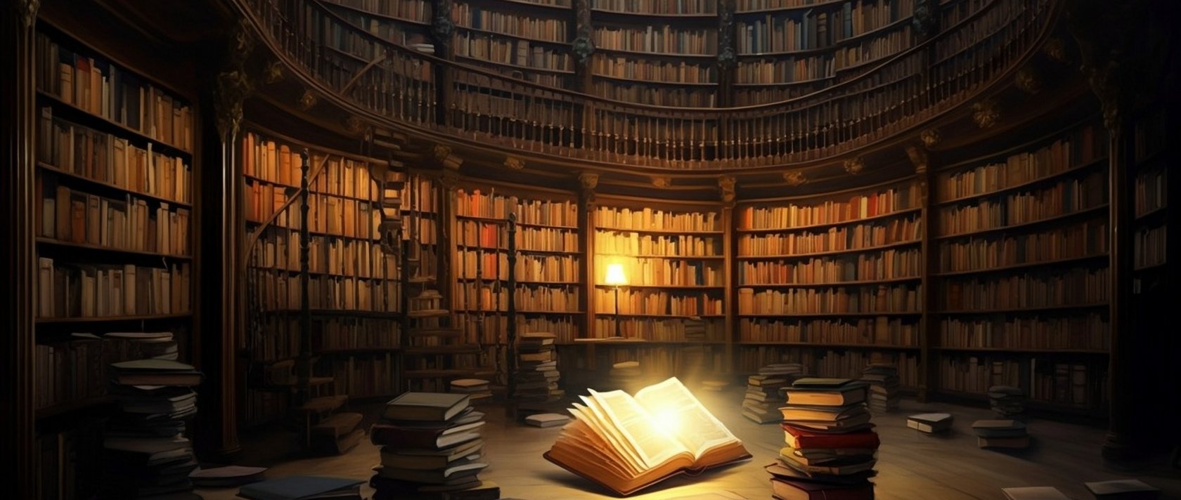 A large library filled with books, with a single book glowing and casting light among the shelves. (Shutterstock Photo)