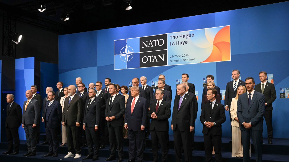 NATO country leaders pose for a family photo during the NATO summit, The Hague, Netherlands, June 25, 2025. (AP Photo)