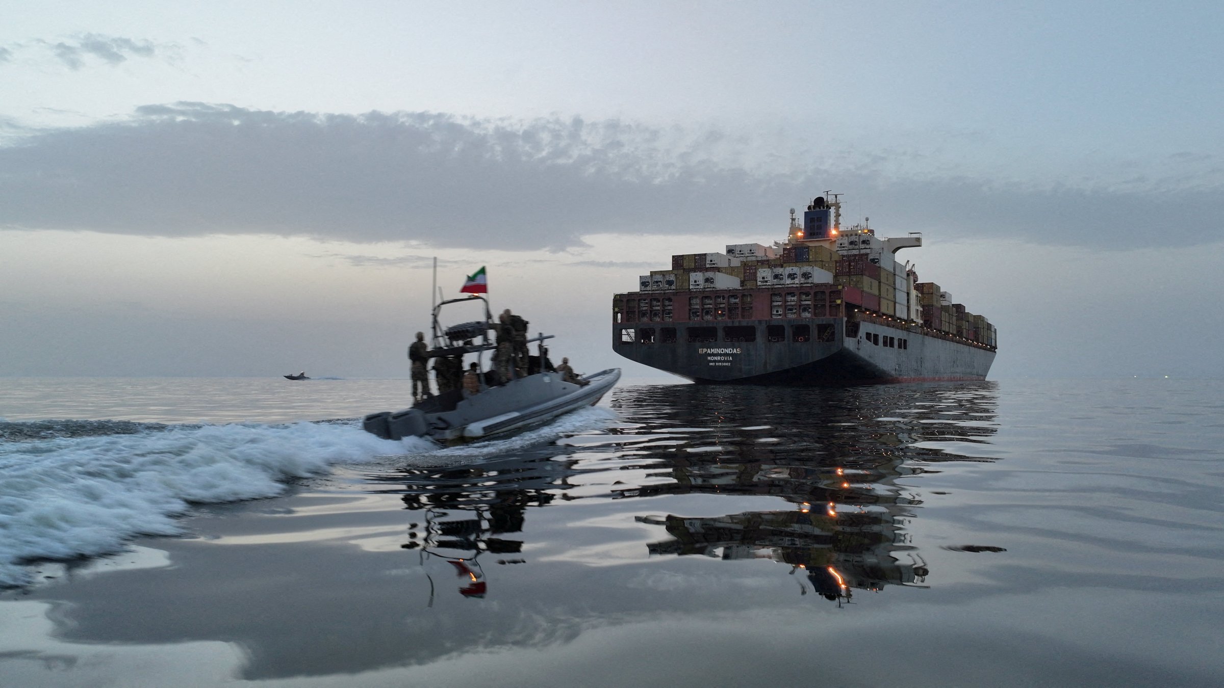 The Epaminondas ship is seen during seizure by the Islamic Revolutionary Guard Corps (IRGC) in the Strait of Hormuz, Iran, April 24, 2026. (Reuters Photo)