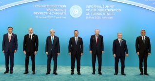 President Recep Tayyip Erdoğan and leaders of Organization of Turkic States (OTS) members pose for a family photo during an OTS summit, Turkistan, Kazakhstan, May 15, 2026. (AA Photo)