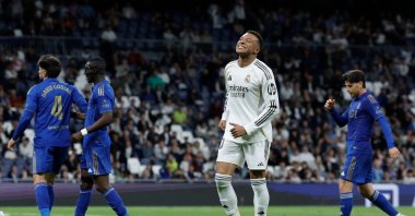 Real Madrid's Kylian Mbappe reacts to missing a goal opportunity during the Spanish league football match against Real Oviedo at Santiago Bernabeu Stadium, Madrid, Spain, May 14, 2026. (AFP Photo)