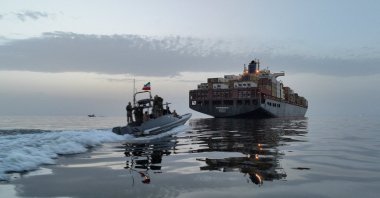 The Epaminondas ship is seen during seizure by the Islamic Revolutionary Guard Corps (IRGC) in the Strait of Hormuz, Iran, April 24, 2026. (Reuters Photo)