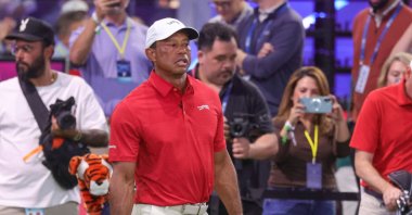 Tiger Woods of the Jupiter Links Golf Club walks on the course before the match, Palm Beach Gardens, U.S., March 24, 2026. (AP Photo)