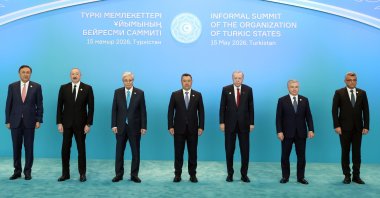 President Recep Tayyip Erdoğan and leaders of Organization of Turkic States (OTS) members pose for a family photo during an OTS summit, Turkistan, Kazakhstan, May 15, 2026. (AA Photo)