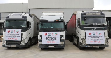 Aid trucks carrying humanitarian supplies depart for Iran, Istanbul, Türkiye, May 13, 2026. (AA Photo)