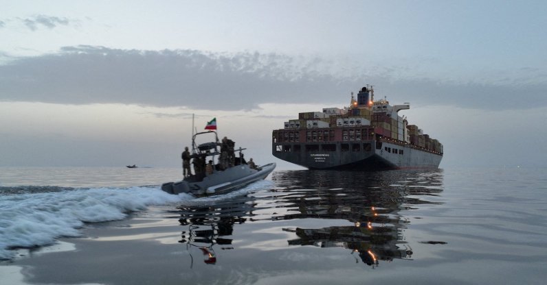 The Epaminondas ship is seen during seizure by the Islamic Revolutionary Guard Corps (IRGC) in the Strait of Hormuz, Iran, April 24, 2026. (Reuters Photo)