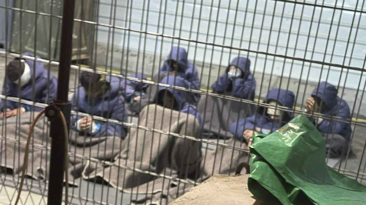 This undated photo from Winter 2023 provided by Breaking The Silence shows Palestinian prisoners at a detention facility on the Sde Teiman military base in southern Israel. (AP Photo)