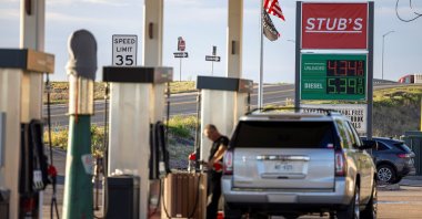 A driver fills up his vehicle at a gas station in Wiggins, Colorado, U.S., May 11, 2026. (Reuters Photo)