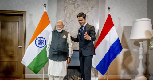 Dutch Prime Minister Rob Jetten (R) receives Indian Prime Minister Narendra Modi (L) at his official residence, the Catshuis, in The Hague, the Netherlands, May 16, 2026. (EPA Photo)