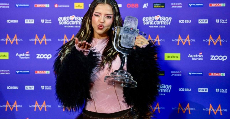 Winner Darina Nikolaeva Yotova, aka Dara, and representing Bulgaria with the song "Bangaranga" poses with the trophy during a photocall after she won the final of the Eurovision Song Contest 2026 (ESC) at Wiener Stadthalle, Vienna, Austria, May 16, 2026. (AFP Photo)