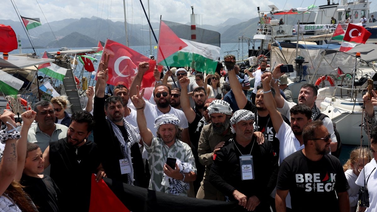 Activists from the Global Sumud Flotilla, aiming to reach Gaza and break Israel’s naval blockade, gather at a port before their departure, Marmaris, Türkiye, May 14, 2026. (Reuters Photo)