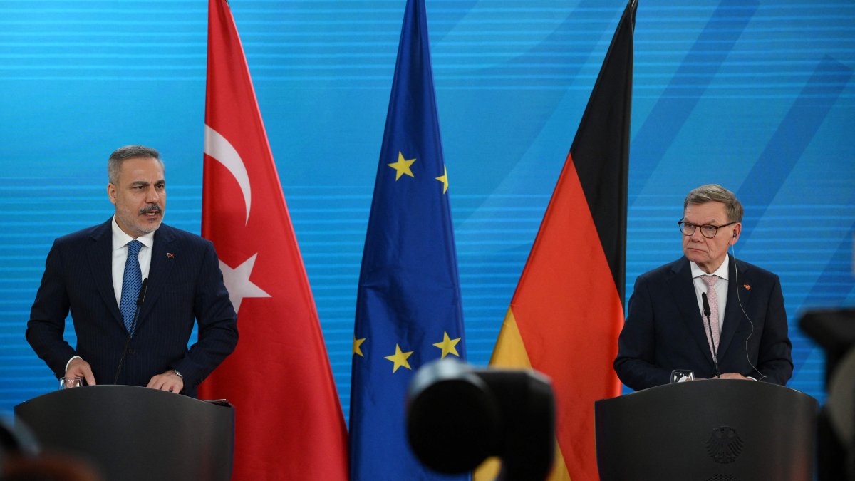 Foreign Minister Hakan Fidan and German Foreign Minister Johann Wadephul deliver a joint news conference following talks at the Foreign Office in Berlin, May 18, 2026. (AFP Photo)