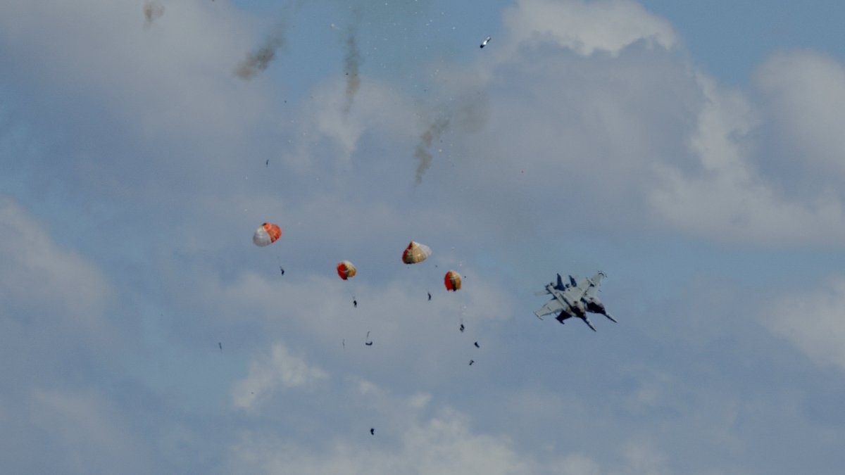 Four crew members of military jets eject safely following a mid-air collision during the Idaho air show outside Mountain Home Air Force Base in Idaho, U.S. May 17, 2026. (Henk Zuurbier/Handout via Reuters)