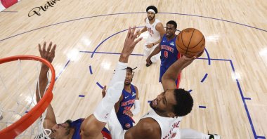 Cleveland Cavaliers' Donovan Mitchell shoots the ball against Detroit Pistons' Tobias Harris during the first half in Game Seven of the Second Round of the NBA Eastern Conference Playoffs at Little Caesars Arena, Detroit, U.S., May 17, 2026. (AFP Photo)