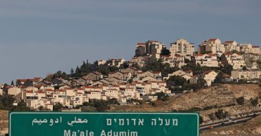 A road sign stands in front of the Israeli settlement of Ma’ale Adumim in the Israeli-occupied West Bank, May 15, 2026. (AFP Photo)