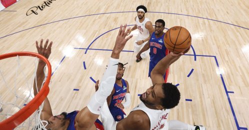 Cleveland Cavaliers' Donovan Mitchell shoots the ball against Detroit Pistons' Tobias Harris during the first half in Game Seven of the Second Round of the NBA Eastern Conference Playoffs at Little Caesars Arena, Detroit, U.S., May 17, 2026. (AFP Photo)