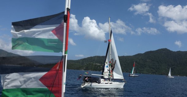 A boat taking part in the Global Sumud Flotilla, which aims to reach Gaza and break Israel’s naval blockade, sets sail from a port in the southern resort of Marmaris, Türkiye, May 14, 2026. (Reuters Photo)