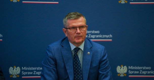 Polish Deputy Foreign Minister Marcin Bosacki attends a news conference at the Foreign Ministry in Warsaw, May 18, 2026. (AA Photo)
