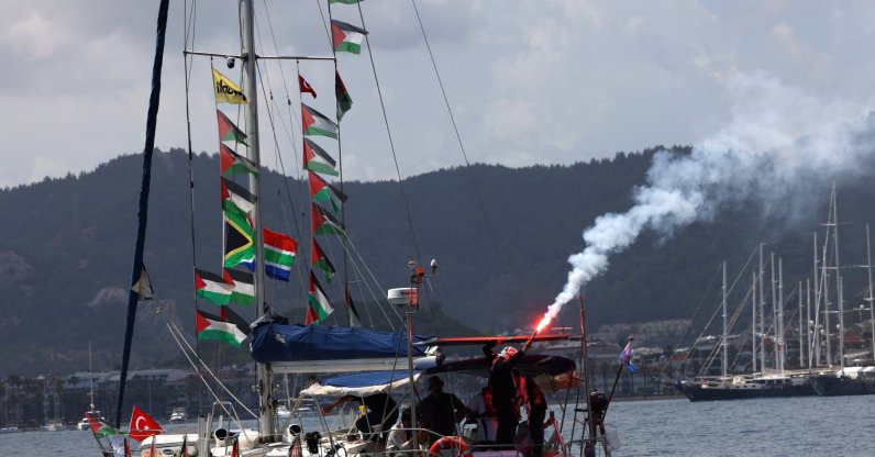 Activists from the Global Sumud Flotilla, which aims to reach Gaza and break Israel’s naval blockade, light flares as they depart by boat , Marmaris, Türkiye, May 14, 2026. (Reuters Photo)
