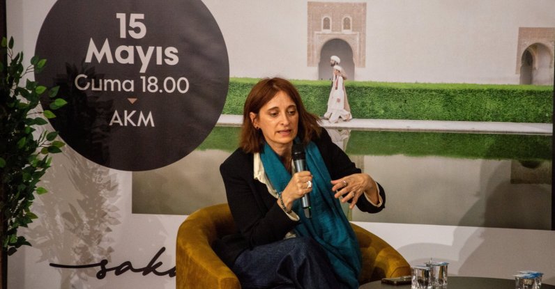 Isabel Fernandez, the director of the documentary The Builders of Alhambra, which explores the construction process of the Alhambra Palace, met with cinema enthusiasts at an event at Adapazarı Cultural Center, Sakarya, Türkiye, May 15, 2026. (AA Photo)