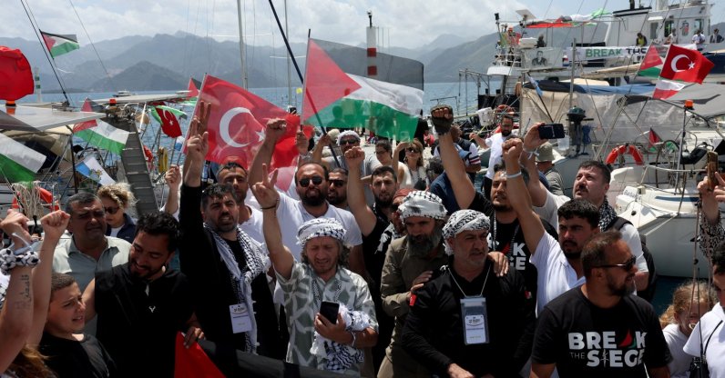 Activists from the Global Sumud Flotilla, aiming to reach Gaza and break Israel’s naval blockade, gather at a port before their departure, Marmaris, Türkiye, May 14, 2026. (Reuters Photo)