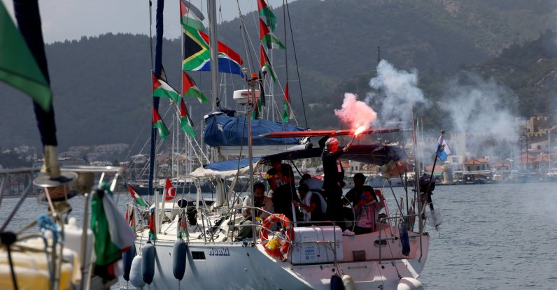 Activists from the Global Sumud Flotilla, which aims to reach Gaza and break Israel’s illegal naval blockade, light flares as they depart by boat from a port in the southern Turkish resort of Marmaris, May 14, 2026. (Reuters Photo)