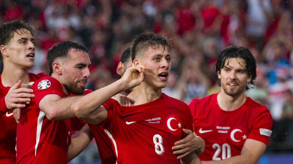 Türkiye's Arda Güler (C) celebrates his goal with his teammates during the UEFA EURO 2024 group stage match against Georgia at Football Stadium Dortmund, Dortmund, Germany, June 18, 2024. (Getty Images Photo)