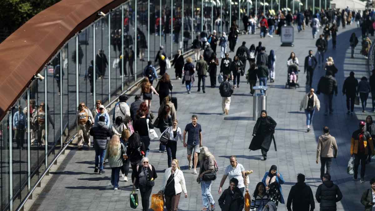 People walk at Westfield Stratford City shopping centre in London, U.K., April 24, 2026. (EPA Photo)