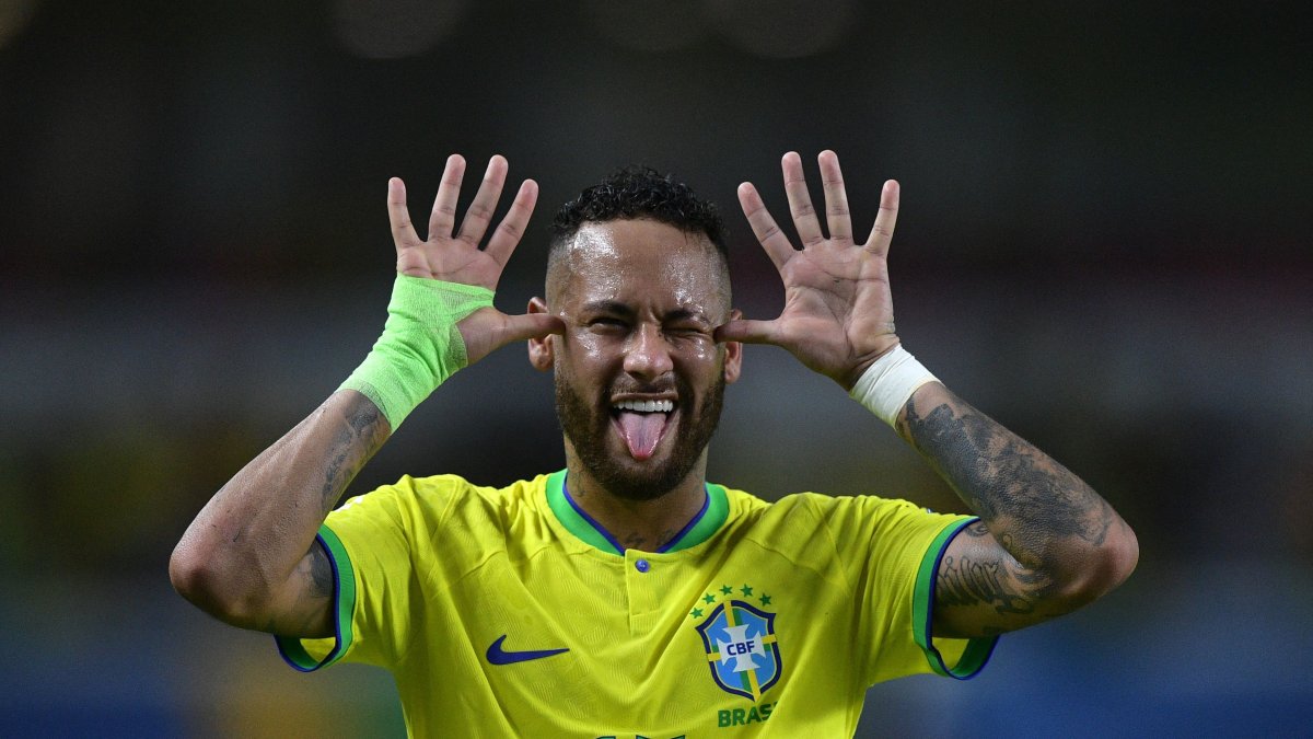 Brazil's Neymar celebrates after scoring a goal during the 2026 FIFA World Cup South American qualifiers football match against Bolivia at the Jornalista Edgar Proença 'Mangueirao' stadium, Belem, Brazil, Sept. 8, 2023. (AFP Photo)