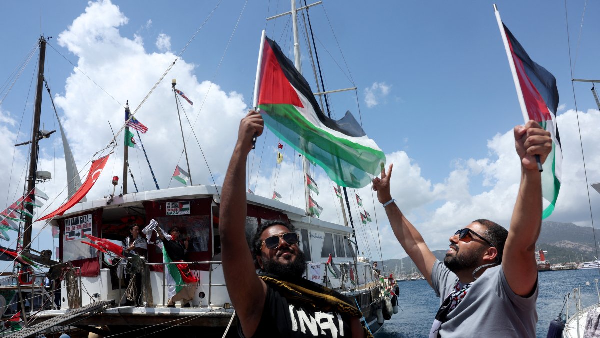 Activists from the Global Sumud Flotilla, aiming to reach Gaza and break Israel’s naval blockade, gather at a port before their departure, Marmaris, Türkiye, May 14, 2026. (Reuters Photo)