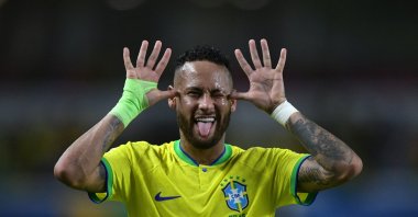 Brazil's Neymar celebrates after scoring a goal during the 2026 FIFA World Cup South American qualifiers football match against Bolivia at the Jornalista Edgar Proença 'Mangueirao' stadium, Belem, Brazil, Sept. 8, 2023. (AFP Photo)