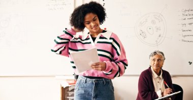 Student participates in an oral assessment as colleges turn to face-to-face evaluations to measure learning in the age of AI. (Shuttersock Photo)